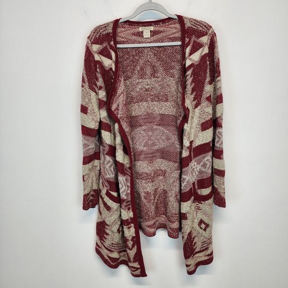 Lucky Brand Aztec Long Cardigan Sweater Size M Open Red Beige Cotton Wool Blend - Picture 1 of 11